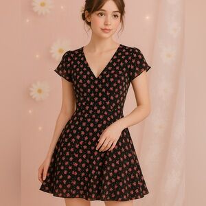 Forever 21 Black Floral Mini Dress Womenās M - V Neck Stretchy Zip Fit & Flare